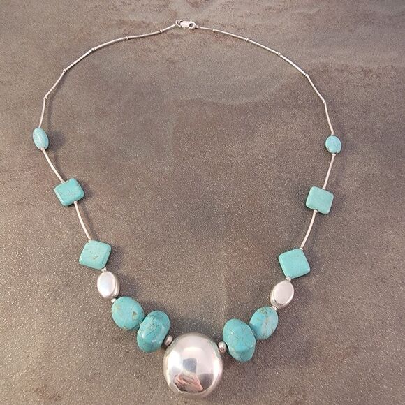 Vintage Sterling Turquoise Stone  Beaded Pendant Necklace - Picture 3 of 6